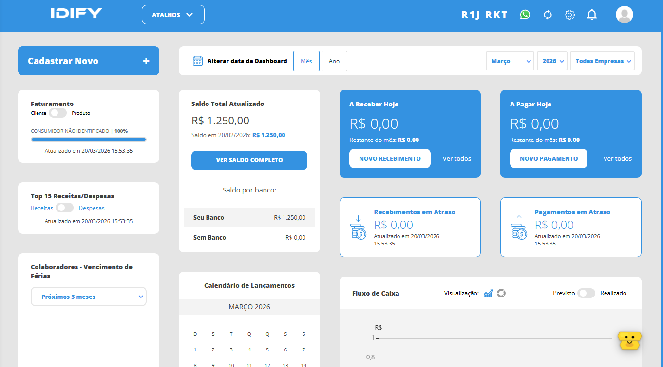 Dashboard principal do IDIFY ERP mostrando painel de vendas, estoque e financeiro em tempo real