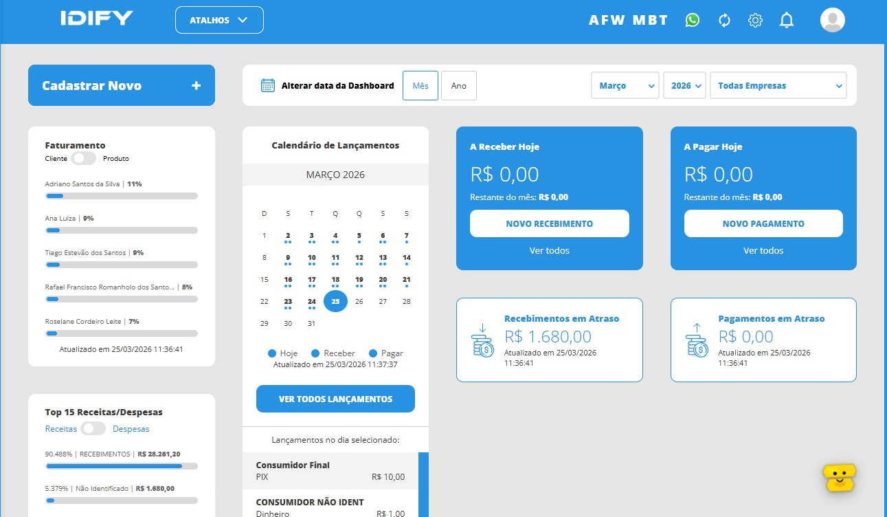 Tela do módulo financeiro do IDIFY ERP com gráfico de fluxo de caixa e contas a pagar