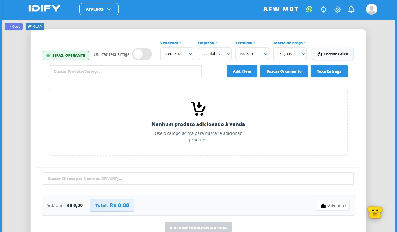 Tela do PDV offline do IDIFY ERP com carrinho de compras e emissão de NFC-e